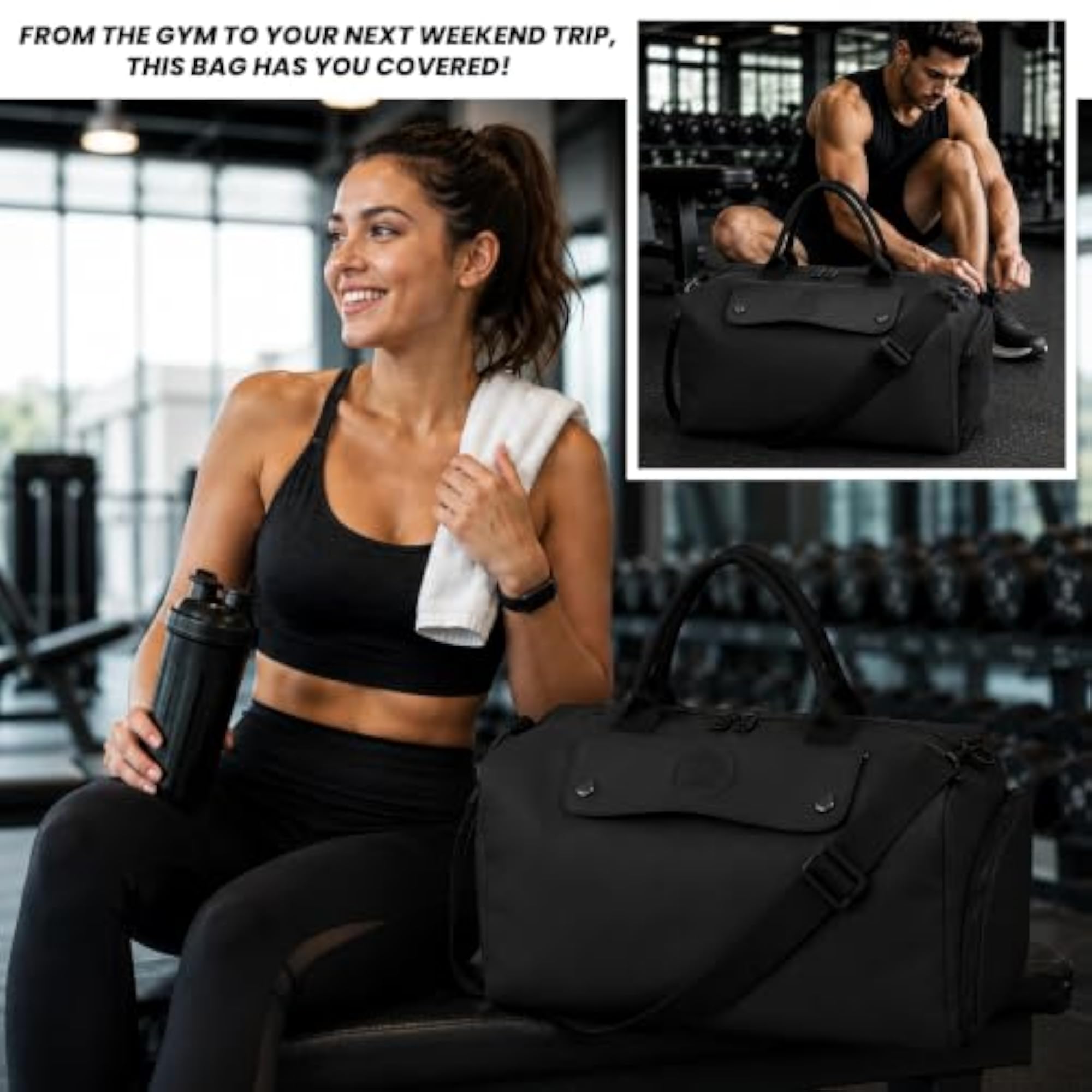Travel Duffel Bag with Shoe Compartment, Black